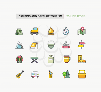 Set of thin line icons pictogram with flat design elements on white background. Camping equipment, open air tourism, hiking activity, outdoors adventure, recreation tourism, mountain climbing