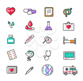 Medicine thin, lines, outline icons. Items for medical care, medicines, tools, results of the survey, badges on white background. For web and mobile applications.  Flat thin line icons modern style