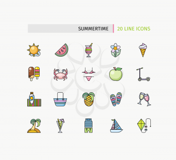 Set of thin lines icons summertime. Traveling journey, water travel to resort summer vacation, relaxing on beach, recreational rest, holiday trip for leisure activity. Flat thin line icon modern style