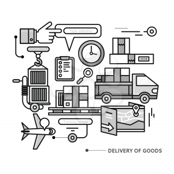 Concept of purchasing, delivery of product via internet.  Thin, lines, outline icons elements of delivery service. Transportation chain aviation, customs, control, cars