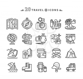 Set of black travel thin, lines, outline icons of summer vacation, tourism and journey. Items for travel in flat design on white background. For web and mobile applications 