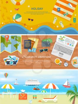 Set of modern concepts in detailed web banner. Traveling, summer vacation, journey. Items for beach holidays in flat design. Relaxing holiday by the sea. For web construction, mobile applications