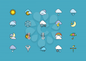 Set of colorful weather thin, lines, outline, strokes icons. Symbols weather snow, rainbow, rain, heat, sunny, cloudy, wind on dark-blue background. For web and mobile applications 
