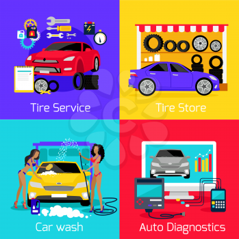 Services car washing diagnostics tire. Store and repair engine, carwash and autoservice, assistance and care machine, garage station, setting and calibration illustration