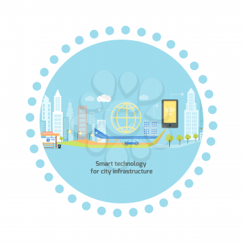 Smart technology in infrastructure of the city. Icon and network system, communication innovation town, connection and future, control information, internet illustration