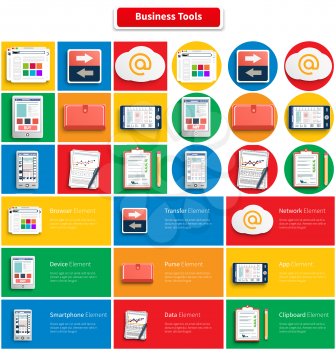 Set of workplace office and business work elements. Mobile devices and documents. Tools, business, toolbox, resources, office tools, businessman tools, business technology. Square, round banners