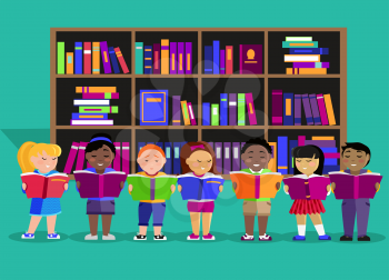Other children read books in the library. Education child or kid, learning student, reading and study, people studying, literature textbook illustration in flat design