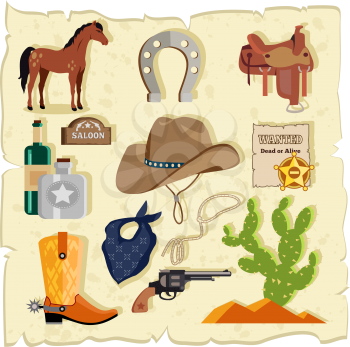 Elements of the wild west cactus revolver hat. Cowboy icon,  whiskey and saddle, rope and handgun, horse and weapon, mustang and horseshoe, saloon badge illustration