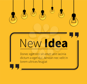 Quote bubble, quote marks, quotation marks, quote box, get a quote. Phrase new idea in quotes on yellow. Text poster, message typography, motivation wisdom, saying and note, quotation and inspire.
