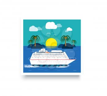 Cruise ship near island and clear blue water. Water tourism. Icons of traveling, planning a summer vacation, tourism and journey objects. Concept in flat design on white banner