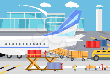 Loading freight containers in a cargo plane. Transportation and delivery, logistic shipping, service industry, load airplane, airport terminal, import express and distribution freighter illustration