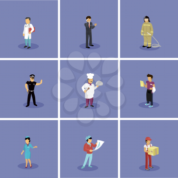 Characters set popular professions. Stewardess and doctor, artist and fireman, waiter and policeman, cook and businessman, occupation people, job and career illustration
