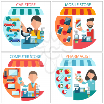 Flat design concept of car shop, mobile store, pharmacist and computer store with item icons isolated on four white banners. Dealer man and woman at the cash register