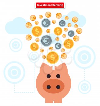 Concept of investment banking. Collect of finance. Money finance, bank and growth earnings, piggy and cash coin, financial profit, wealth and dollar, income and fund illustration