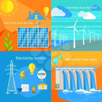 Solar and hydro electricity windy. Water and sun, solar panels, solar energy, solar power, energy and solar system, solar house, air and wind blowing, wind turbine, water power illustration