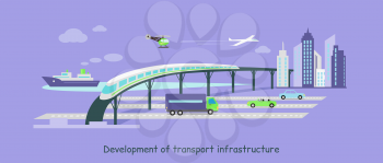 Concept of development of transport infrastructure icon flat. Car future growing, vehicle popularity, traffic automobile, aircraft and ship, autobahn and train, helicopter and road illustration
