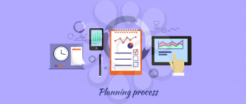 Planning process icon flat design. Business development, management project, marketing organization, service and strategy, information and data, workflow and optimization illustration