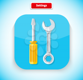 Setting app icon flat style design. Tools icon, web icon, help icon, options icon, repair and wrench, maintenance business, screwdriver and application, setup and installation illustration