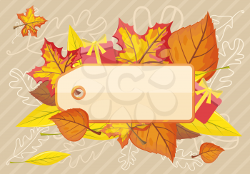 Tag label template for autumn sale. Fall sale, autumn leaves, autumn background, discount tag price, season promotion, offer advertising, retail shopping, fashion business illustration