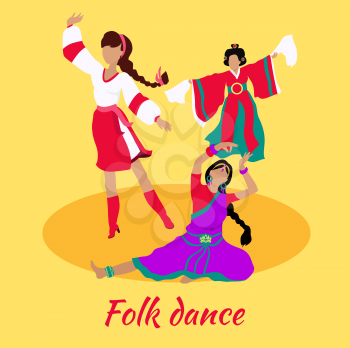 Folk dance concept flat design. Indian turkish israeli dancing, body dancer, girl and lifestyle, musical party, people performance, show traditional culture costume illustration