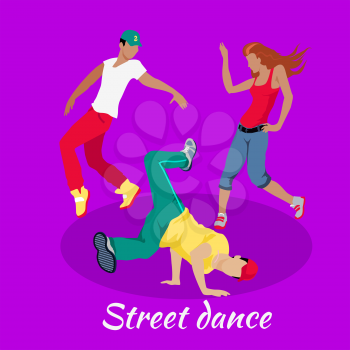 Street dance concept flat design. Hip hop and break, urban and zumba, art and dancer, culture and entertainment, event fashion, girl and man modern illustration