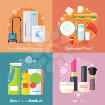 Household beverages food and cosmetic. Appliance and makeup fashion, lipstick and brush, powder and care, detergents and mascara, bottle product, drink and kitchen equipment set on banners