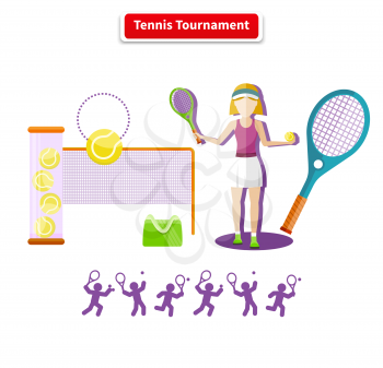 A tennis tournament illustration. Tennis sport concept with item icons. Portrait of sporty girl tennis player with racket in flat design style. Tennis, tennis background, tennis court, tournament, ten