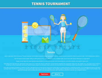 Tennis and tournament web interface page. Tennis player, tennis ball, tennis racket, game sport, racket and match, competition play, recreation activity, training player, vector illustration