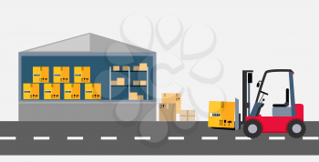 Warehouse and stackers flat design. Storage and facilities, freight stacking, storage unit, warehouse interior, storage boxes, storage building, storehouse and cargo illustration