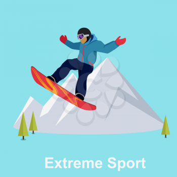 Extreme sport snowboard design. Snow and snowboard jump, snowboard isolated, surfing and winter, cold and mountain, speed board, season snowboarding, snowboarder illustration