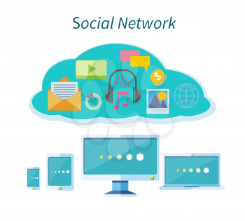 Social network concept background. Concept of organisation business workflow through smartphone, laptop, digital tablet and computer. Social network, communication in the global computer networks