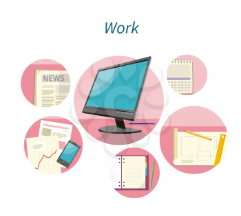 Work with document concept flat design. Office and computer, business management, mobile organization, information and workplace, project and pencil, digital screen, workspace illustration