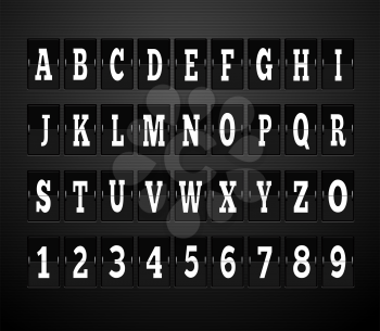 Scoreboard alphabet and set of figures. Letter and alphabet letters, font and numbers, abc typography, board and figure, number panel, information typeset, interface numeral illustration