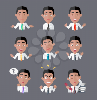 Variety of emotions office worker. Businessman person, cartoon people, character manager, success and angry, exhausted expression, depression and furious illustration