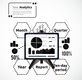 Stand with charts and parameters. Business concept of analytics. Poster banner on white background. Presentation and analysis, rating and performance indicators. Phrase analytics in isolation quotes