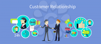 Customer relationship concept design. Customer relationship management, customer service, crm, management business, service and marketing, communication and support illustration
