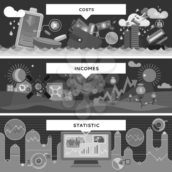 Finance statistic costs and incomes. Money and business, profit and investment, growth cash, banking currency, pay and market, bookkeeping report, accounting and credit. Black and white color