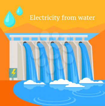 Electricity from water design flat. Energy and water power, hydroelectric and hydro energy, power and ecology, environment nature, technology industry illustration
