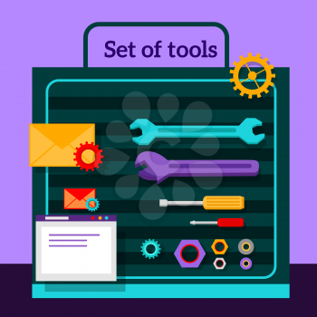 Set of tools for seo flat design. Web technology seo, website, page optimization, content and gear, screwdriver and wrench, nuts and washers, envelope and pinion illustration