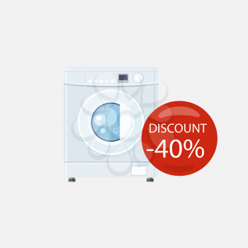 Sale of household appliances. Electronic device with red bubble with discount percentage. Sale badge label. Home appliances in flat style. Laundry, washing, washing machine isolated, washing machine