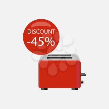 Sale of household appliances. Electronic device with red bubble discount percentage. Sale badge label. Home appliances in flat style. Toast, kettle, toast bread, toaster oven, toaster isolated