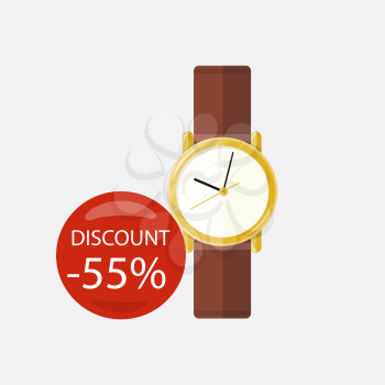 Sale of household appliances. Electronic device red bubble discount percentage. Sale badge label in flat style. Clock, wrist watch, time, hand watch, jewelry, woman watch, pocket watch, luxury watch