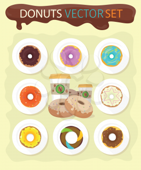 Sweet donuts set design flat food. Doughnut, donuts coffee, donut isolated, coffee and cookies, cake bakery, dessert menu, snack pastry, tasty illustration