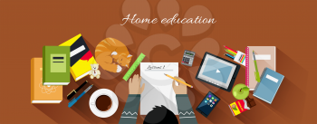 Home education flat design concept. Education kids, home school, home learning, workplace and paper, desk and work, workspace table, professional workstation, learning and coffee illustration