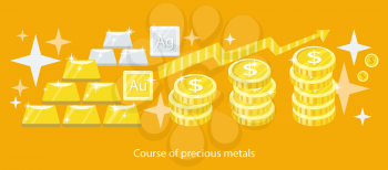 Course of precious metals flat design. Gold silver, gold bar, wealth and finance, investment business, money currency, treasure and ingot, market exchange illustration
