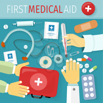 First medical aid kit design flat. Health and medical equipment, medicine and hospital, care and pill, healthcare and pharmacy, emergency and drug illustration