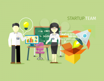 Startup team people group flat style. Startup business, entrepreneurship and small business, company office teamwork, professional worker illustration