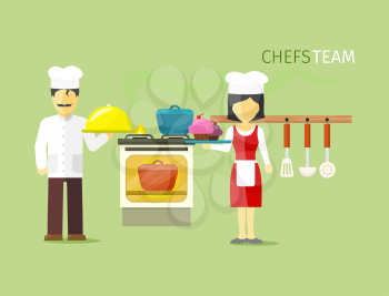 Chefs team people group flat style. Chef hat, chef cooking, cook food, restaurant and kitchen, chef kitchen, occupation and profession job illustration