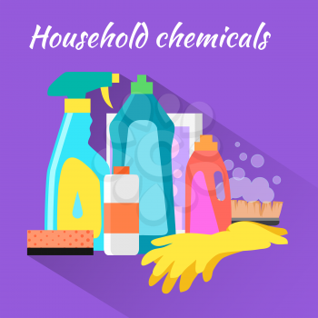 Household chemical flat design. Household appliances, household items, domestic and bottle, equipment clean, housework and housekeeping, soap and detergent illustration