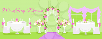 Wedding decor fashion interior. Wedding decoration, wedding table, wedding flowers, wedding design, interior and reception, fashion elegant, event and decoration illustration